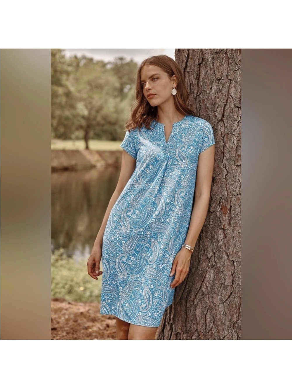 J. Jill Women's Agate-Blue Multi Paisley Cotton A-Line Stretch Dress Medium